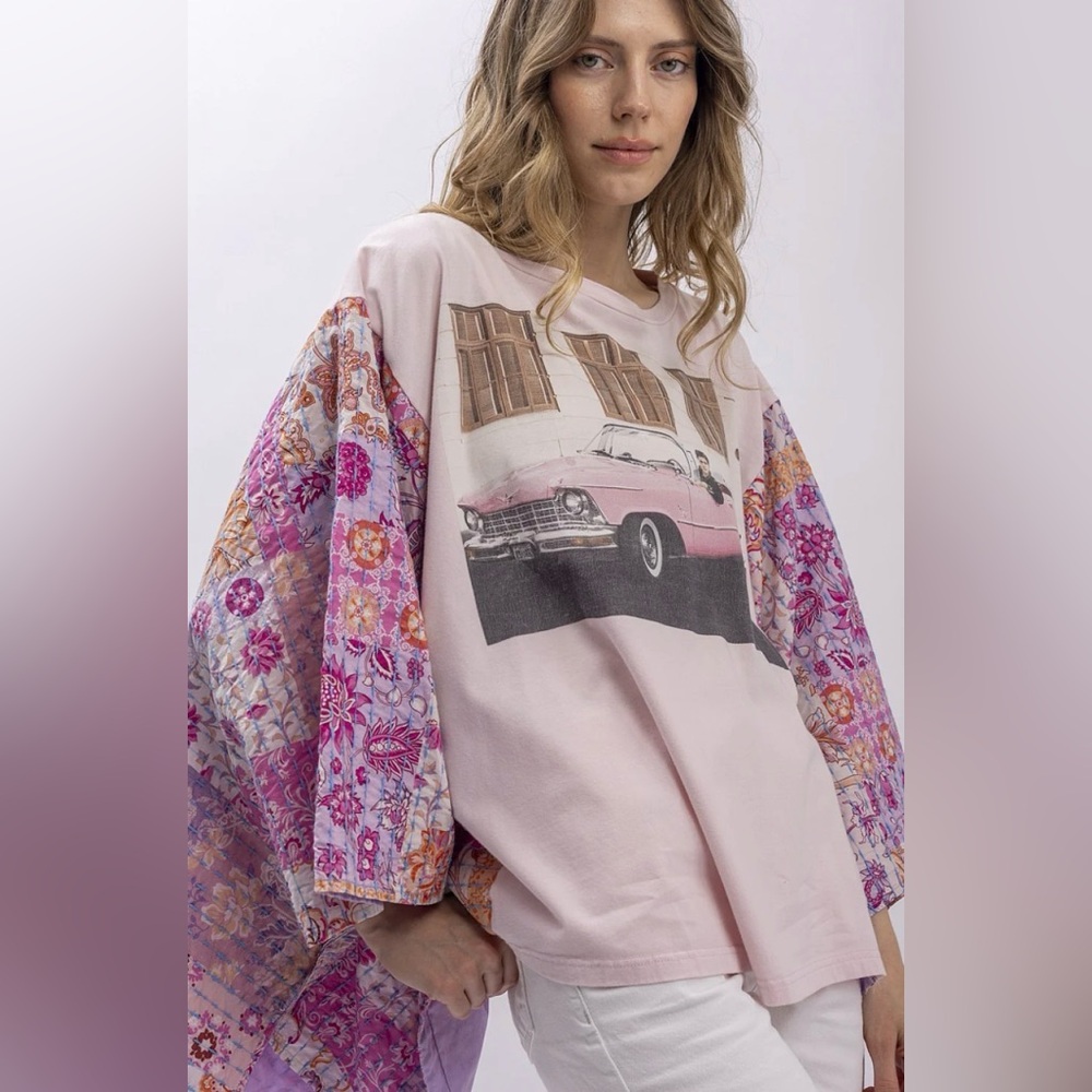 BlueVelvet “The King” Elvis Presley Pink Cadillac graphic t with Kantha sleeves